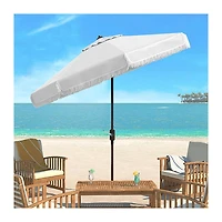 White Fringe Tilt Crank 9 ft. Outdoor Umbrella