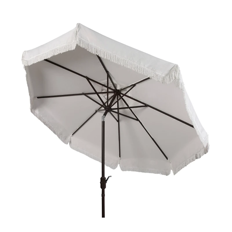 White Fringe Tilt Crank 9 ft. Outdoor Umbrella