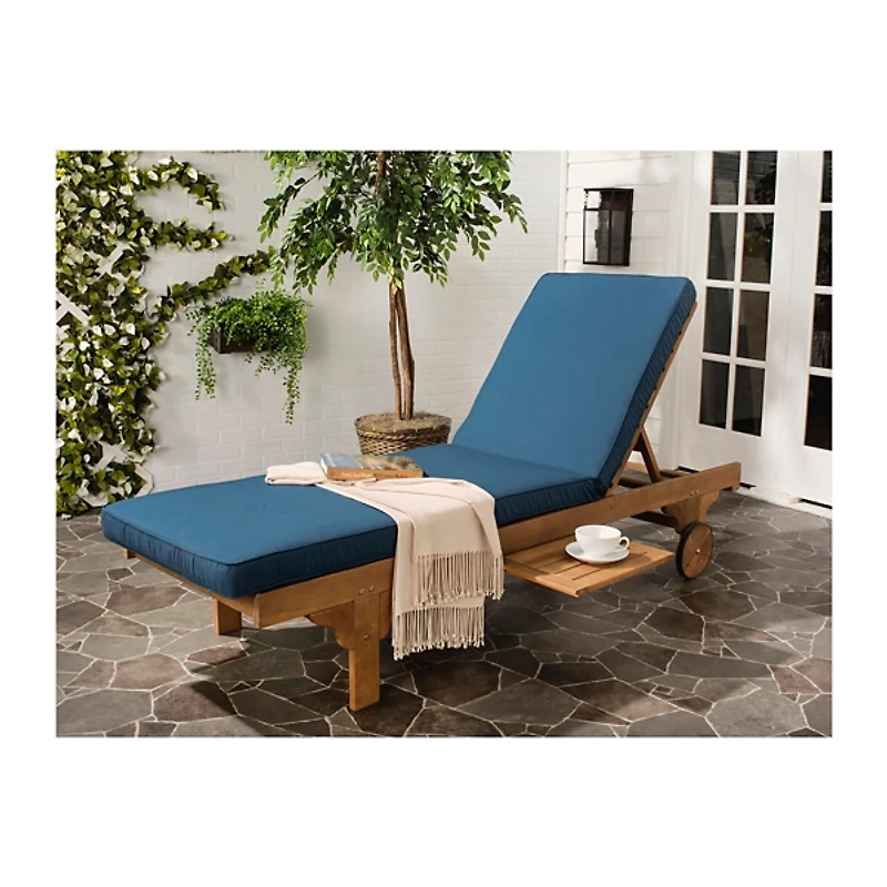 Natural Wooden Chaise with Table and Navy Cushion