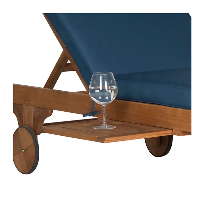 Natural Wooden Chaise with Table and Navy Cushion