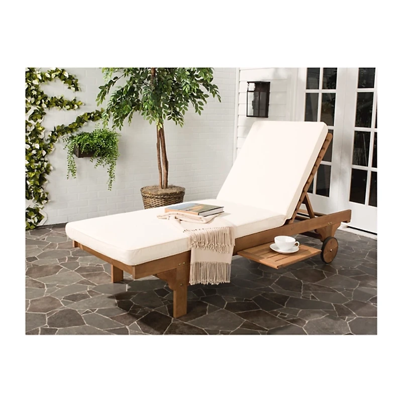 Natural Wooden Chaise with Table and Beige Cushion