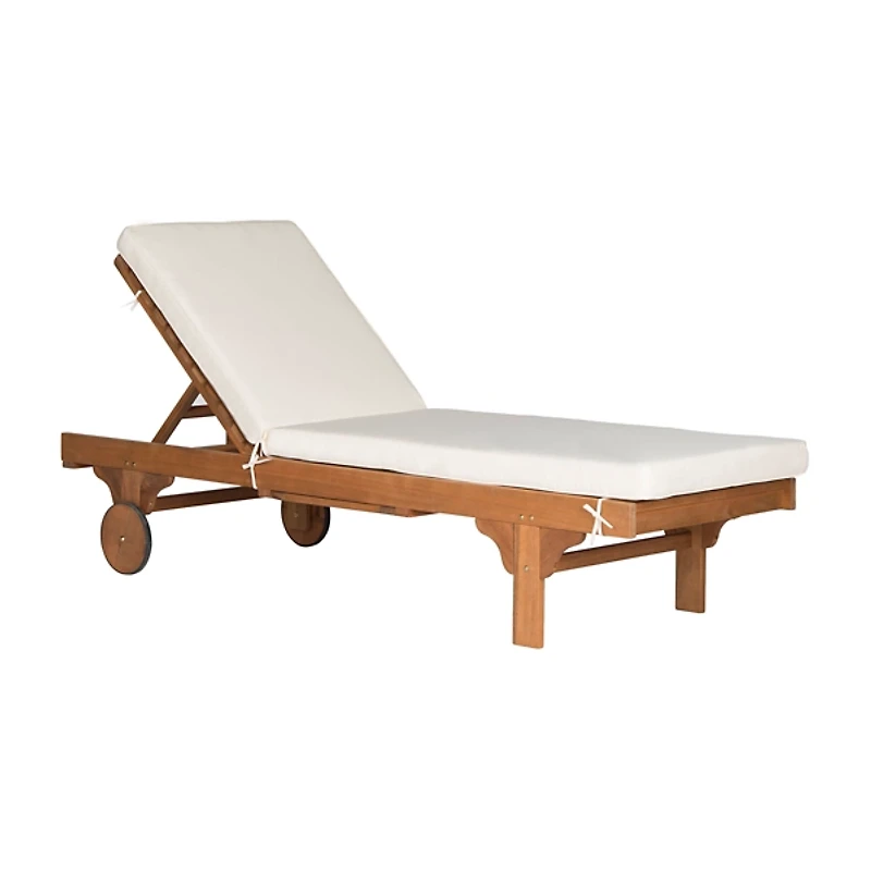 Natural Wooden Chaise with Table and Beige Cushion