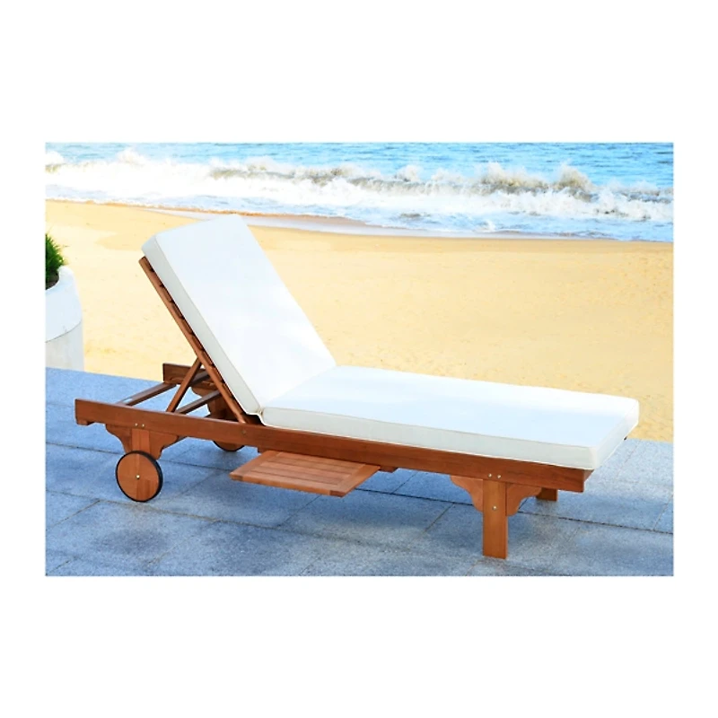 Natural Wooden Chaise with Table and Beige Cushion