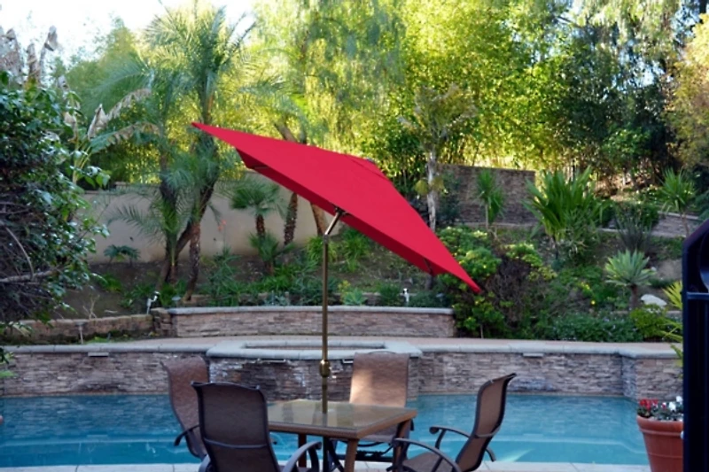 Red & Champagne 10 ft. Hand Crank Tilt Umbrella