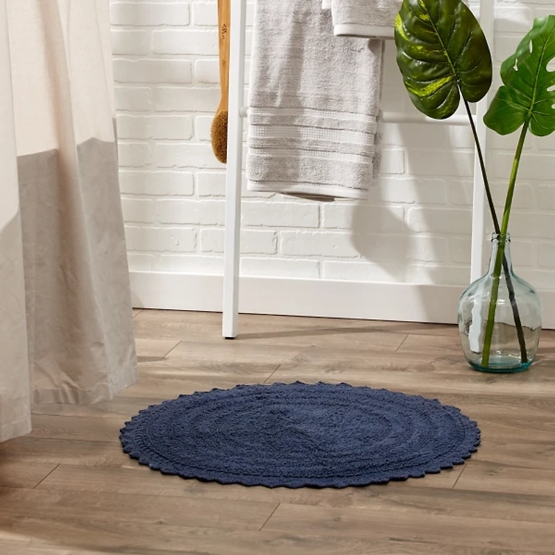 Round French Blue Crochet Bath Mat, 28 in.