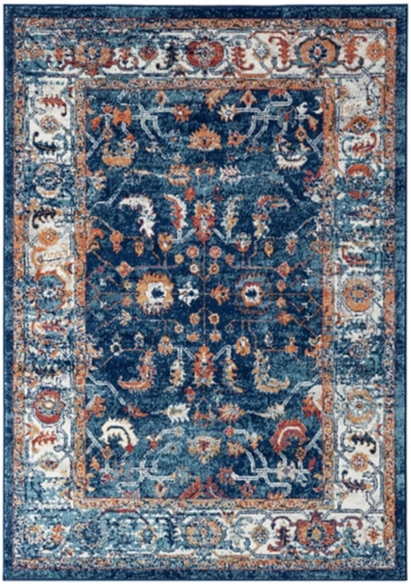 Navy Bordered Pattern Area Rug