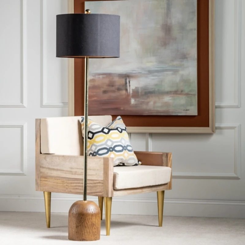 Rounded Faux Wood and Gold Floor Lamp