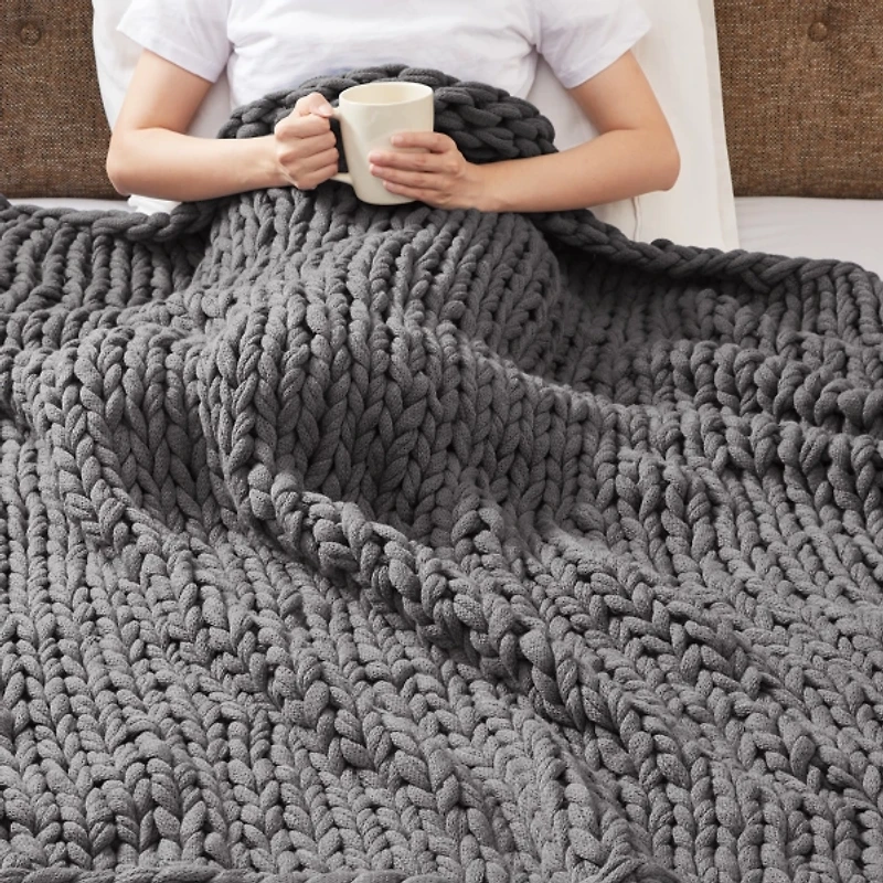 Gray Hand Made Chunky Double Knit Throw Blanket