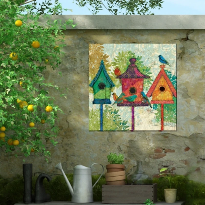Birdhouse Trio Outdoor Canvas Art Print, 24x24 in.
