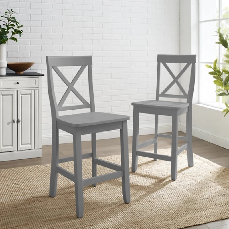 Gray Wood X-Back Counter Stools, Set of 2