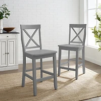 Gray Wood X-Back Counter Stools, Set of 2