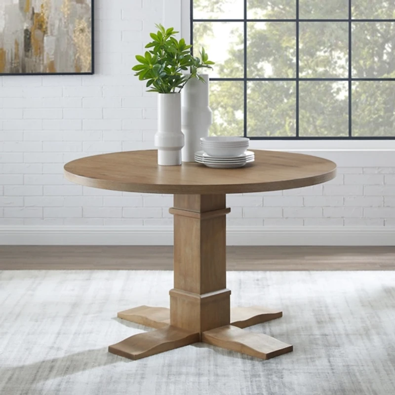 Round Brown Wood Pedestal Base Dining Table