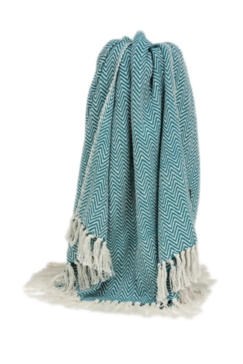 Aqua Chevron Cotton Handloomed Tassel Throw
