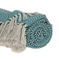 Aqua Chevron Cotton Handloomed Tassel Throw