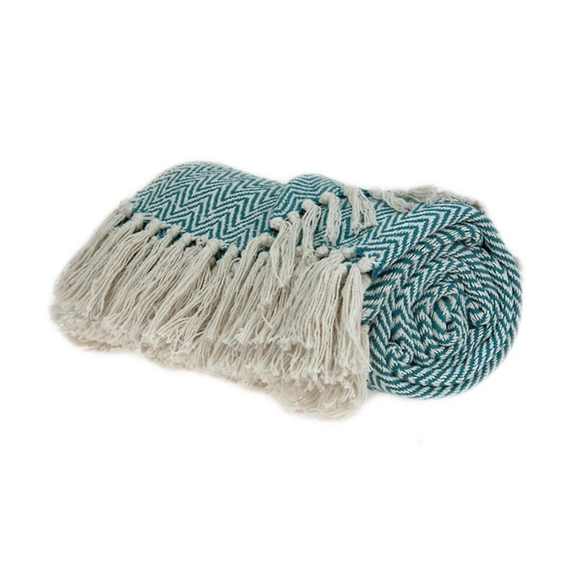 Aqua Chevron Cotton Handloomed Tassel Throw