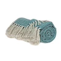 Aqua Chevron Cotton Handloomed Tassel Throw