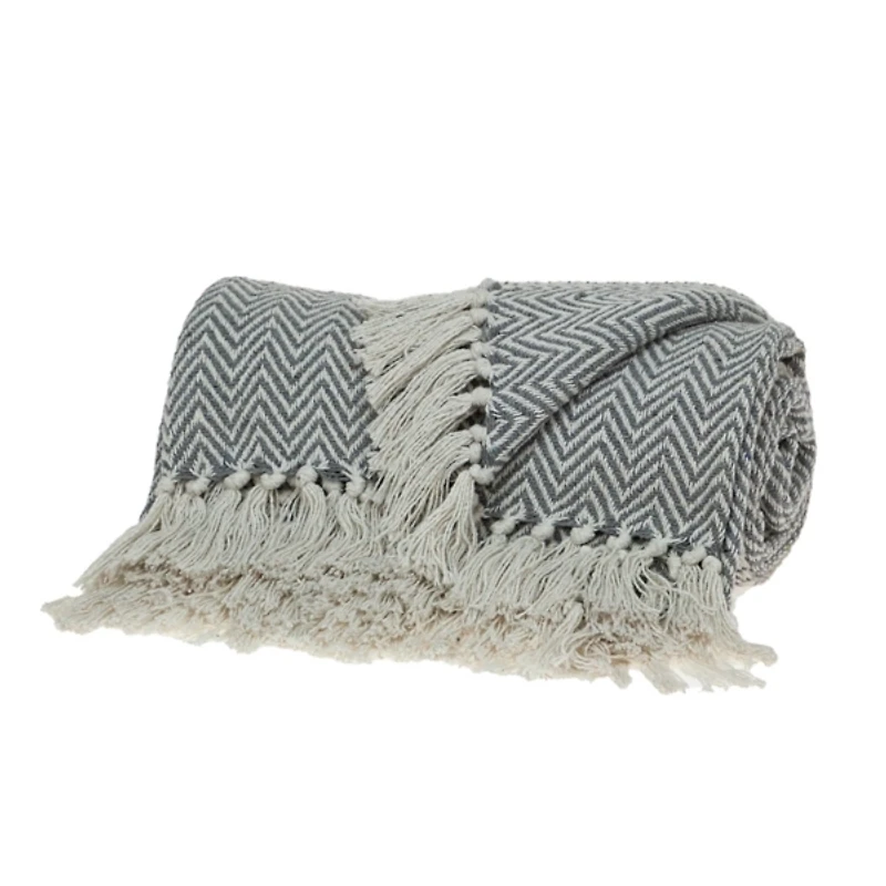 Gray Chevron Cotton Handloomed Tassel Throw