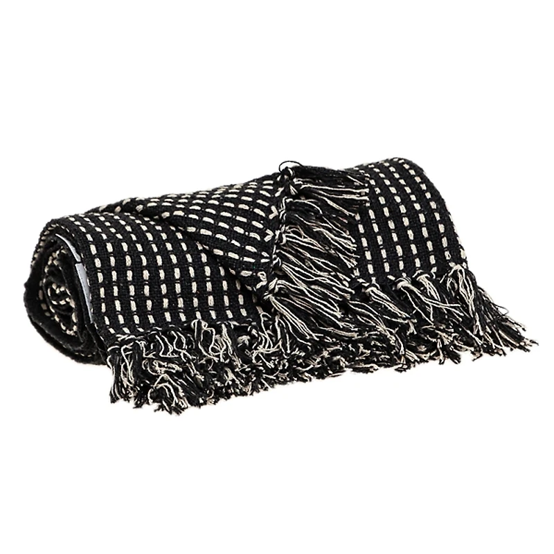 Black Woven Pattern Wool Tassel Throw