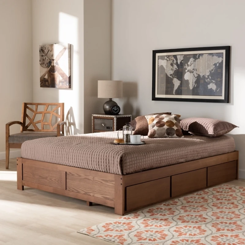 Walnut Wooden 3-Drawer Platform Bed