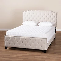 Beige Upholstered Button Tufted King Panel Bed