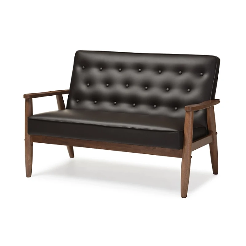 Faux Brown Leather and Rubberwood Loveseat, 49 in.