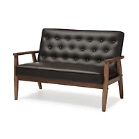 Faux Brown Leather and Rubberwood Loveseat, 49 in.