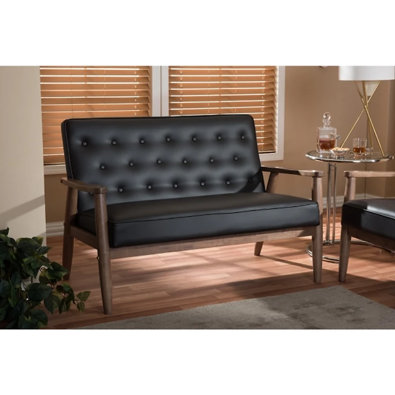 Faux Brown Leather and Rubberwood Loveseat, 49 in.