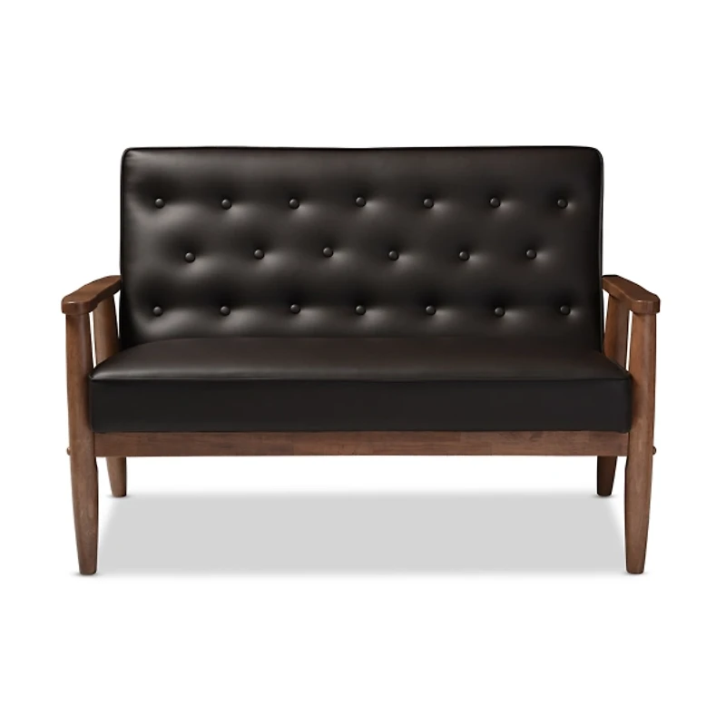 Faux Brown Leather and Rubberwood Loveseat, 49 in.