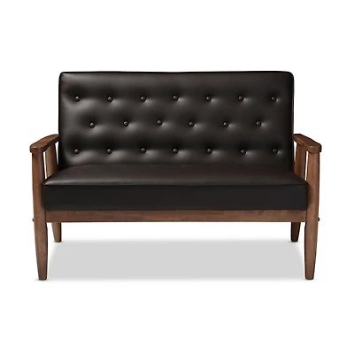 Faux Brown Leather and Rubberwood Loveseat, 49 in.