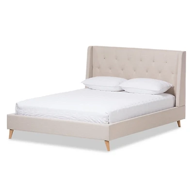 Beige Upholstered Wingback Queen Platform Bed
