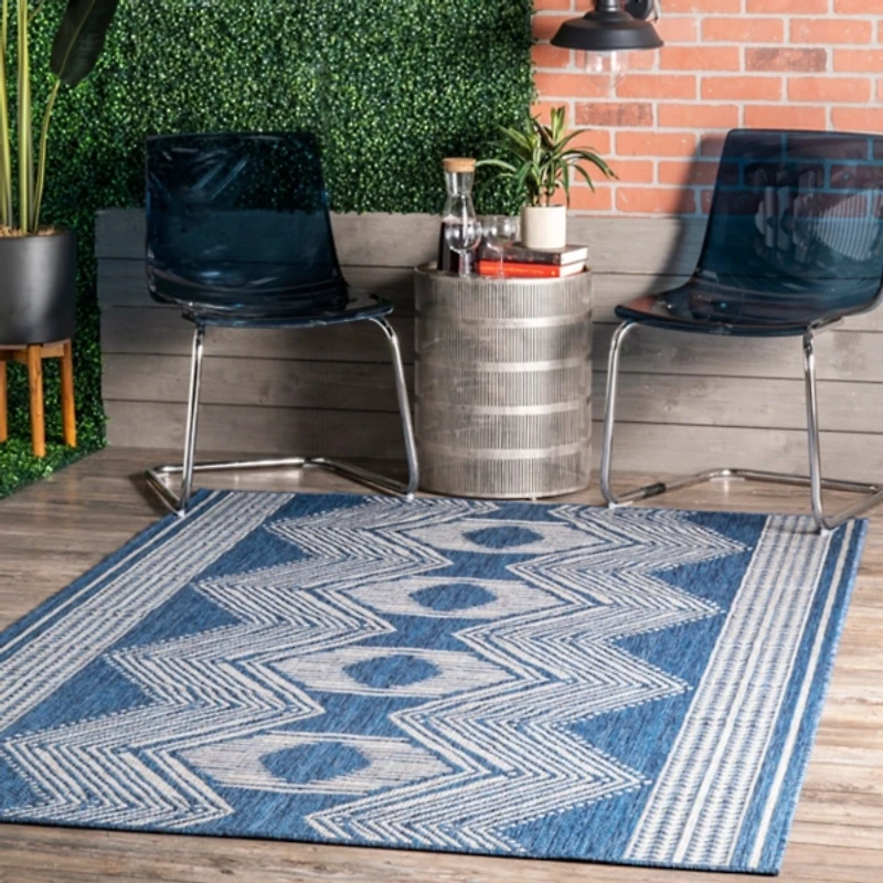 Raina Blue Tribal Zig Zag Outdoor Rug