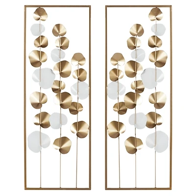 Gold Metal Leaves Framed Wall Plaques, Set of 2