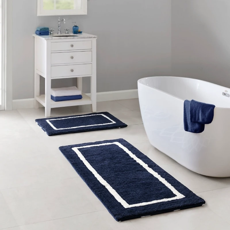 Blue Geometric Pattern Reversible Bath Mat, 60 in.