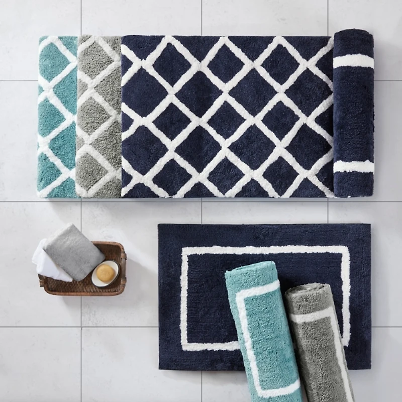 Blue Geometric Pattern Reversible Bath Mat, 60 in.