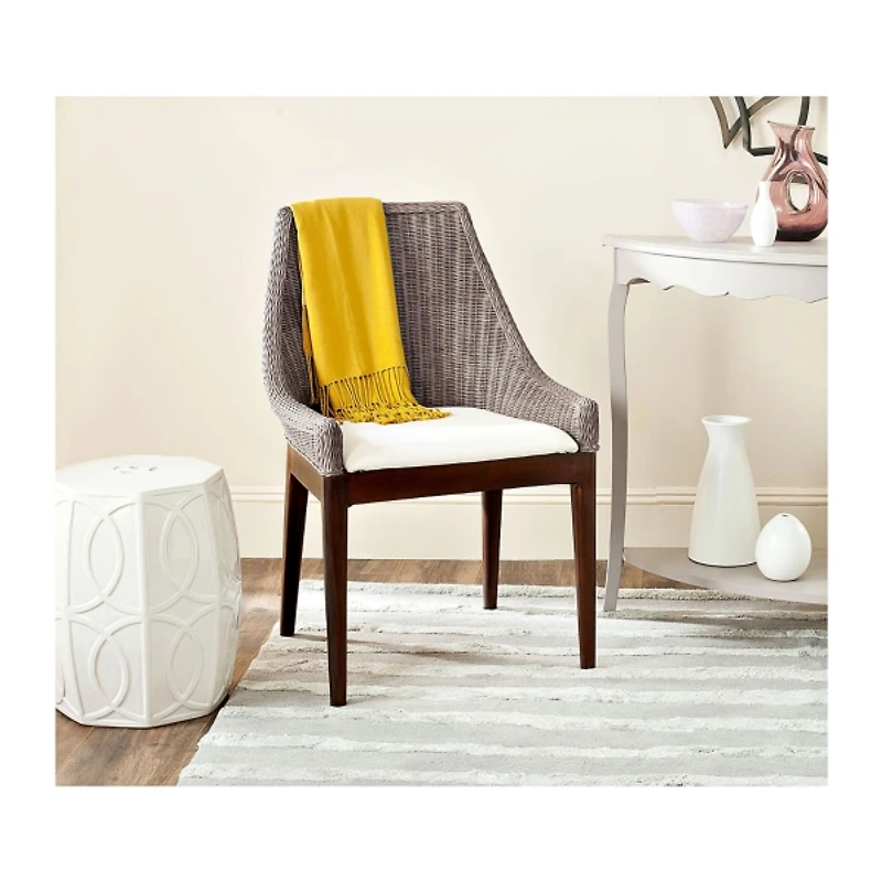 Rattan and Mahogany Accent Chair with Cushion