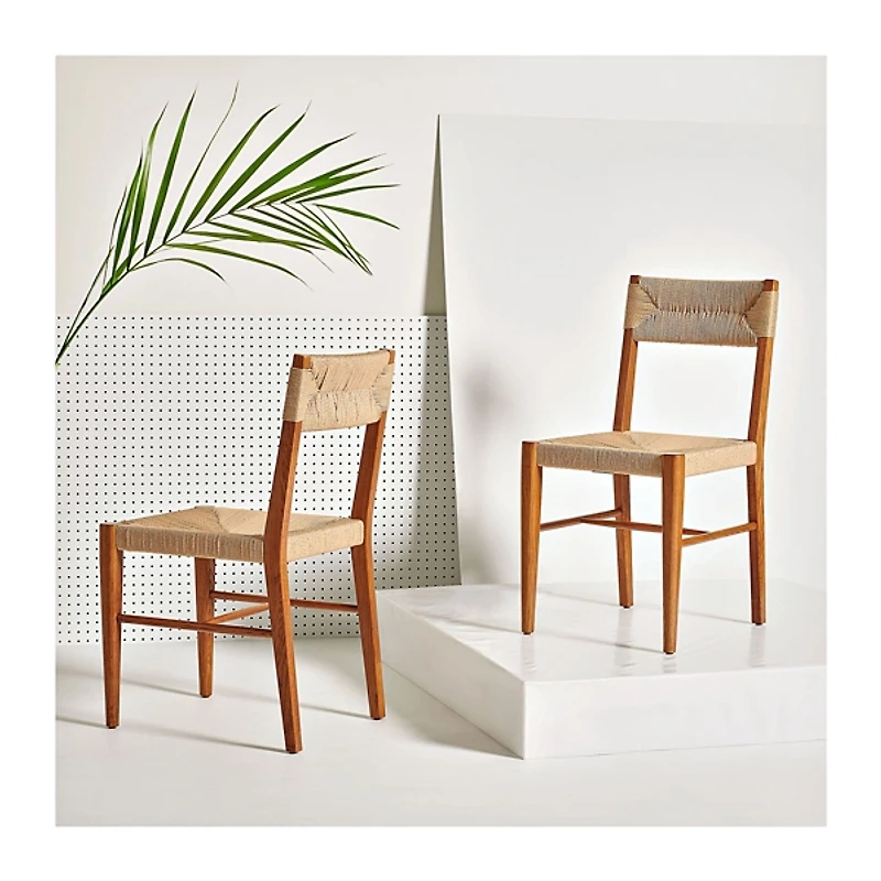 Solid Oak and Rattan Dining Chairs, Set of 2