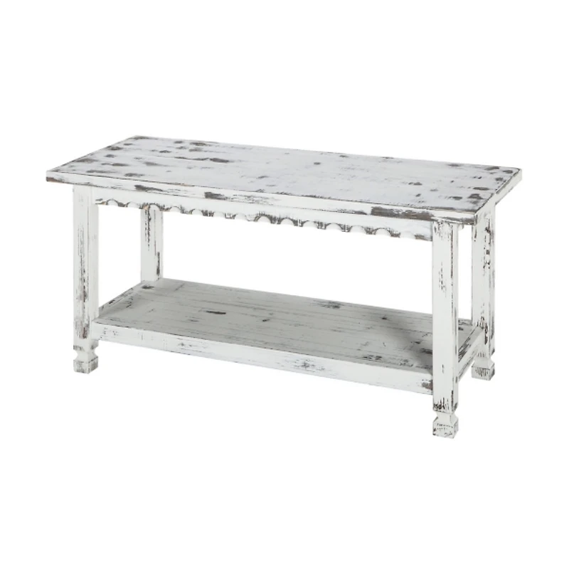 Antiquated White Farmhouse Shelf Bench
