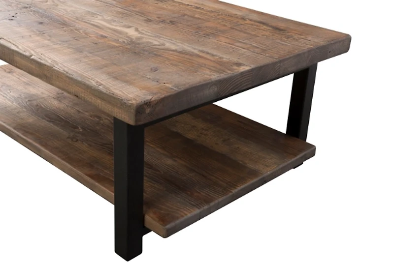 Large Brown Pine Wood and Metal Coffee Table