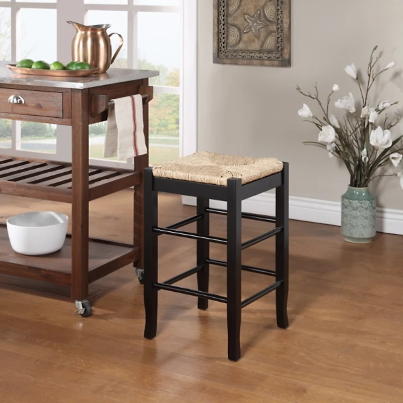 Black Wood and Woven Rush Counter Stool