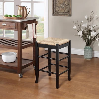 Black Wood and Woven Rush Counter Stool
