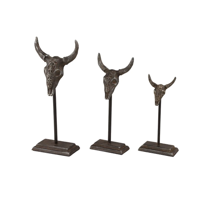 Carved Iron Bullhead Statues, Set of 3