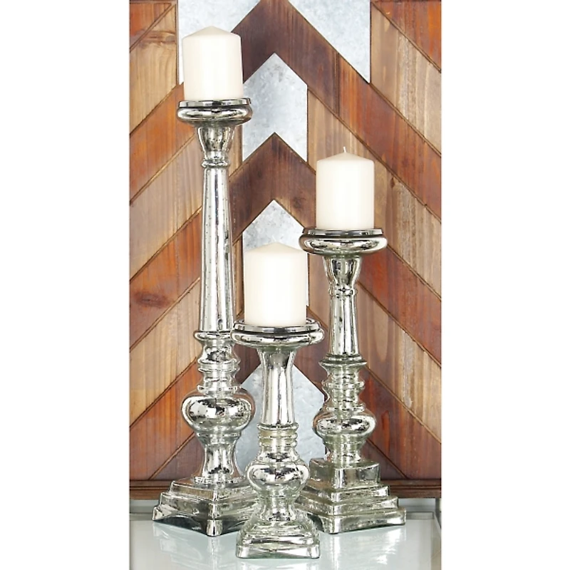 Mercury Glass Silver Candle Holders, Set of 3