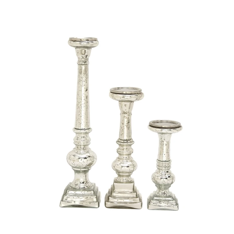 Mercury Glass Silver Candle Holders, Set of 3