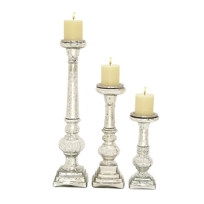 Mercury Glass Silver Candle Holders, Set of 3