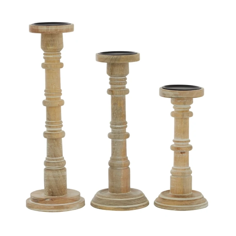 Natural Mango Wood Pillar Candle Holders, Set of 3