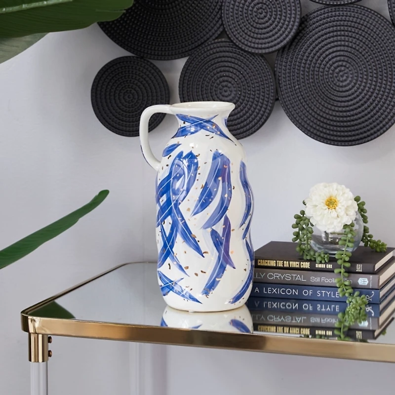 Blue and White Feather Stroke Ceramic Vase, 13 in.