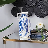 Blue and White Feather Stroke Ceramic Vase, 13 in.
