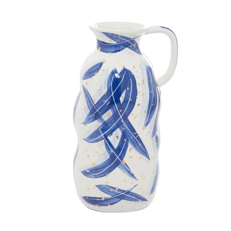 Blue and White Feather Stroke Ceramic Vase, 13 in.