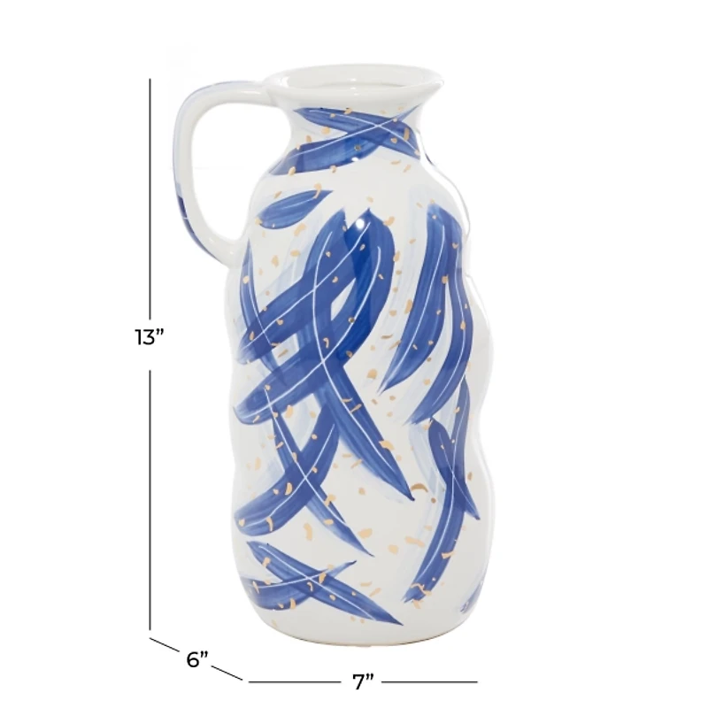Blue and White Feather Stroke Ceramic Vase, 13 in.