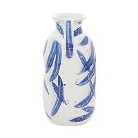 Blue and White Feather Stroke Ceramic Vase, 13 in.